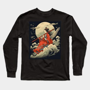 Japanese Retro Vintage Artwork Tengu Goddess Playing Flute Long Sleeve T-Shirt